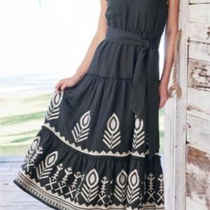 Elie Tahari Black and gold embroidered midi dress